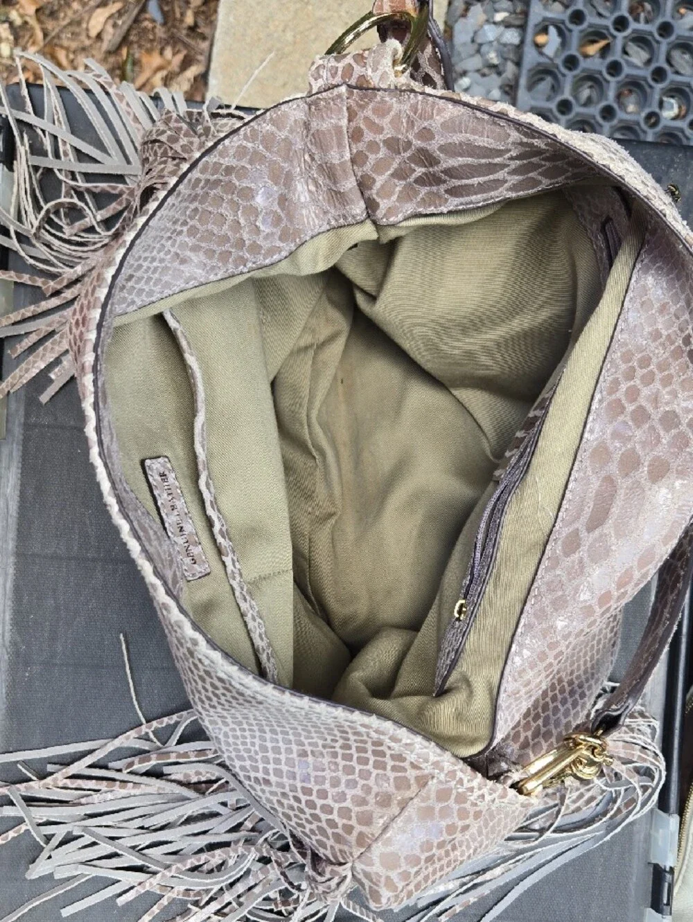 G.I.L.I. Taupe Snake-Embossed Fringe Shoulder Bag